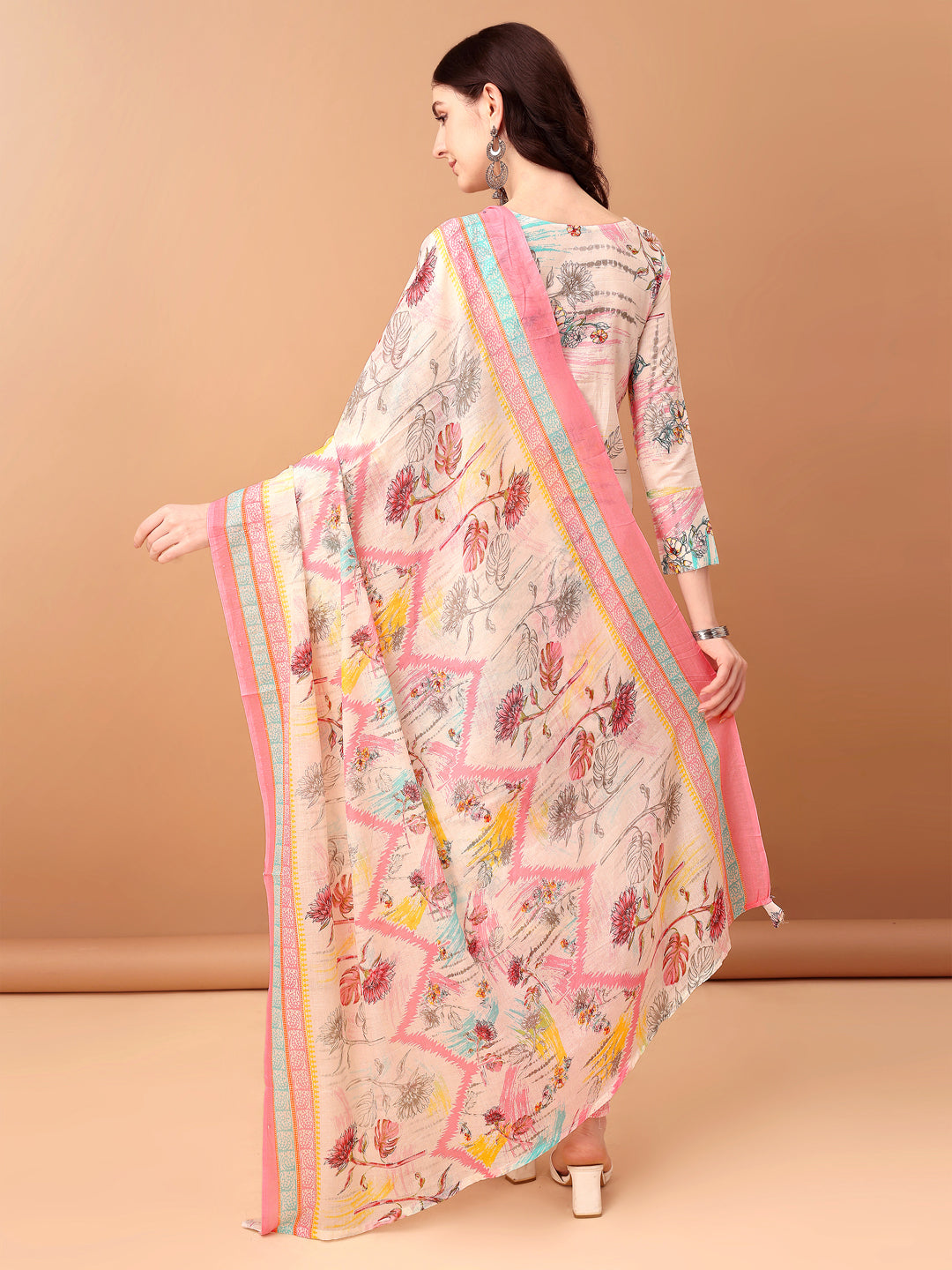 Embroidered & Printed Kurta With Pant & Printed Dupatta, Pink - Hiral Fashion
