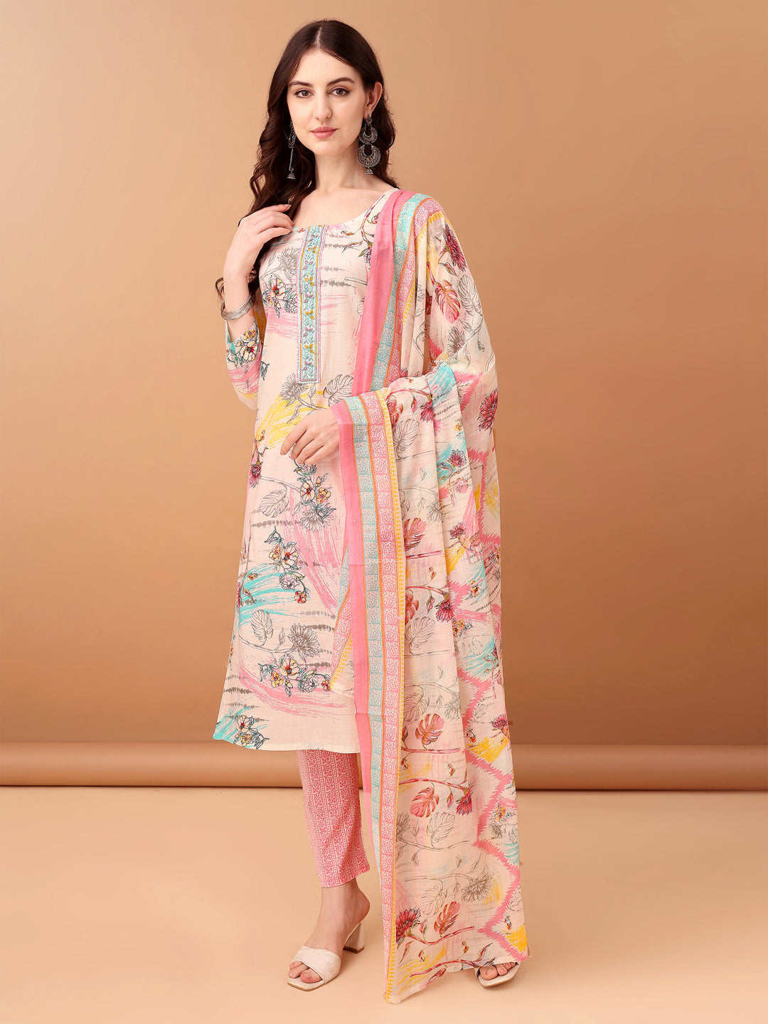 Embroidered & Printed Kurta With Pant & Printed Dupatta, Pink - Hiral Fashion