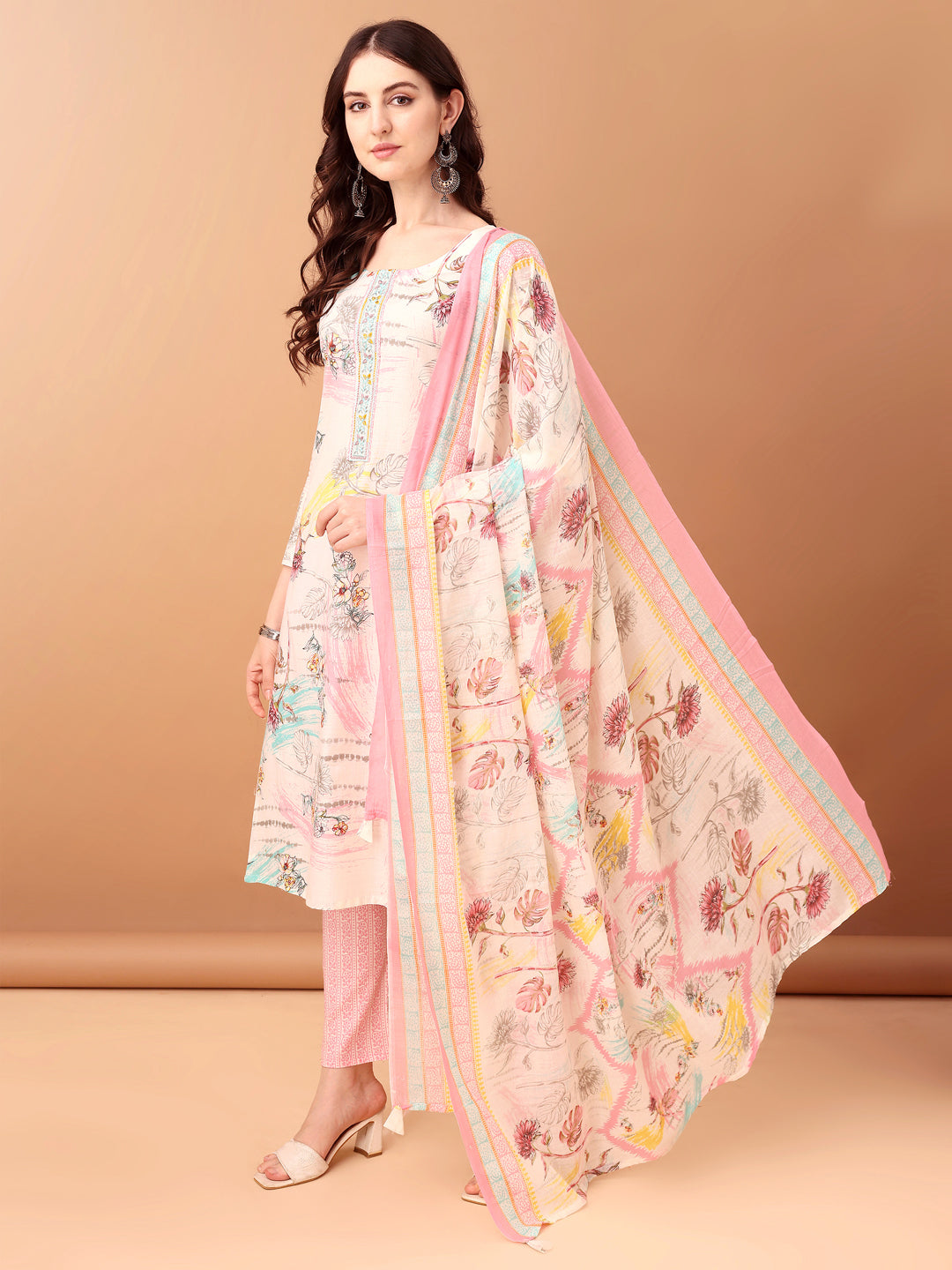 Embroidered & Printed Kurta With Pant & Printed Dupatta, Pink - Hiral Fashion