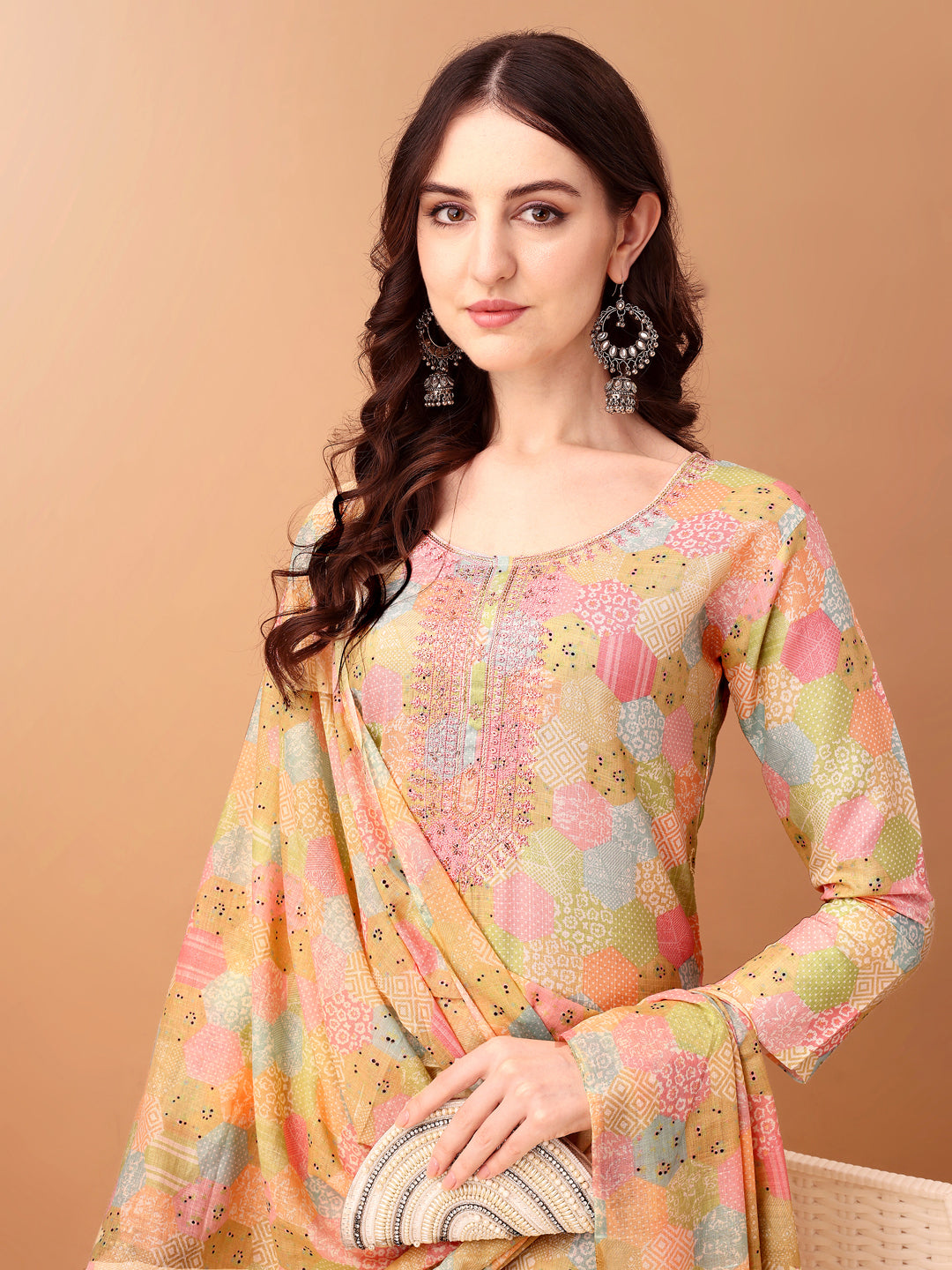 Embroidered & Printed Kurta With Pant & Printed Dupatta, Multicolor - Hiral Fashion