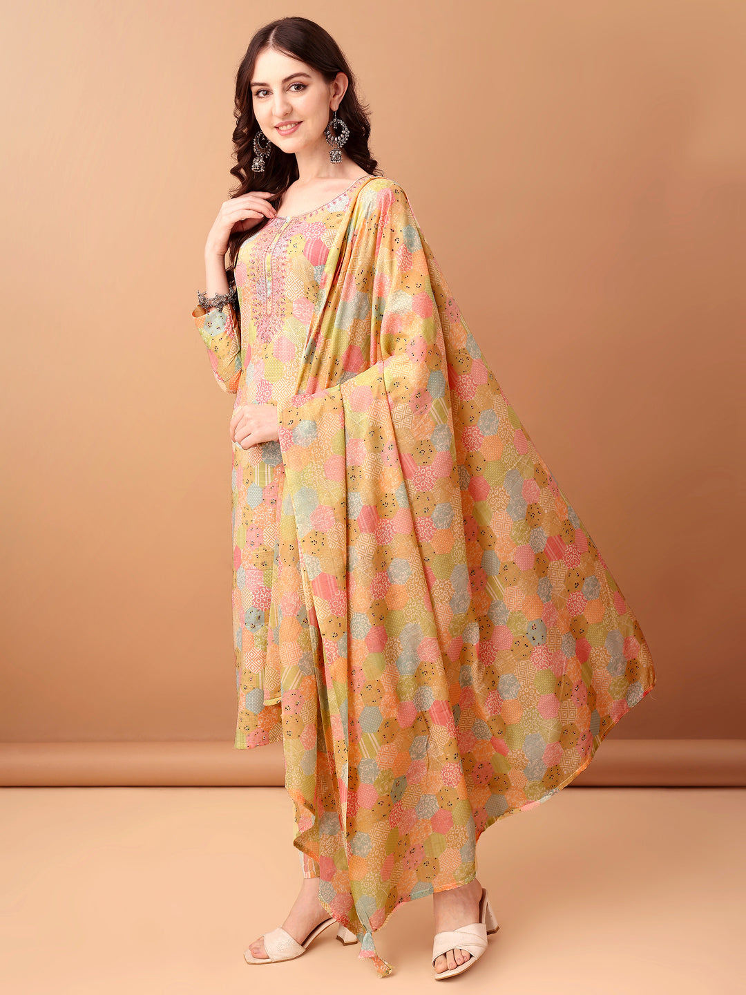 Embroidered & Printed Kurta With Pant & Printed Dupatta, Multicolor - Hiral Fashion