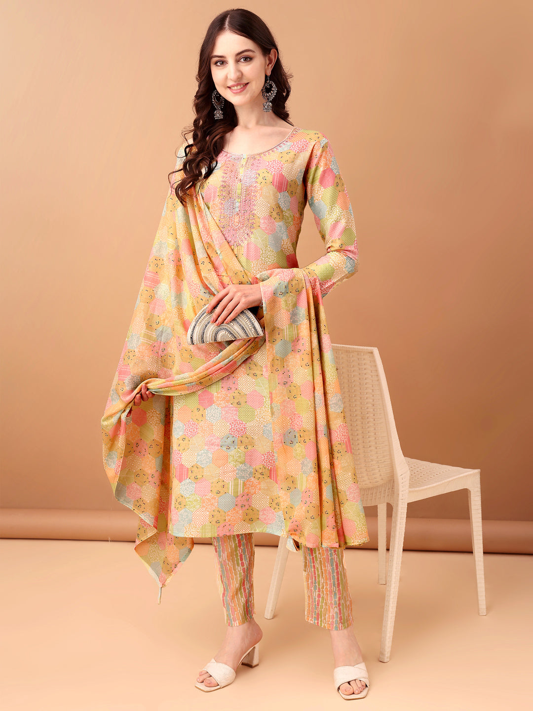 Embroidered & Printed Kurta With Pant & Printed Dupatta, Multicolor - Hiral Fashion