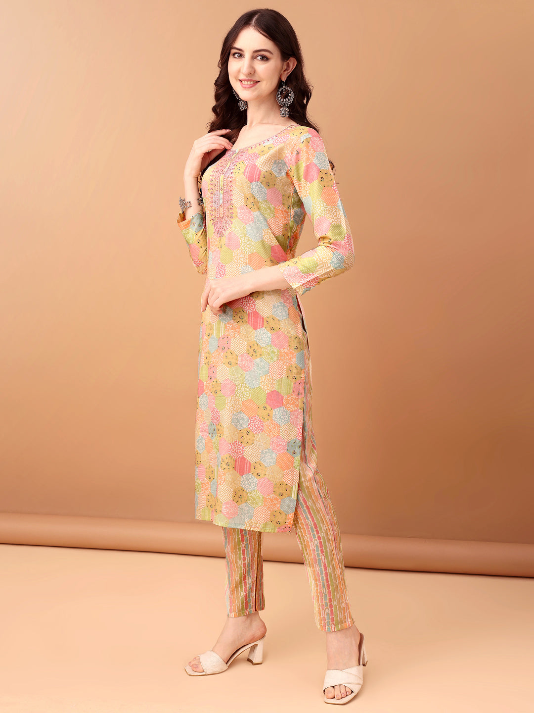 Embroidered & Printed Kurta With Pant & Printed Dupatta, Multicolor - Hiral Fashion