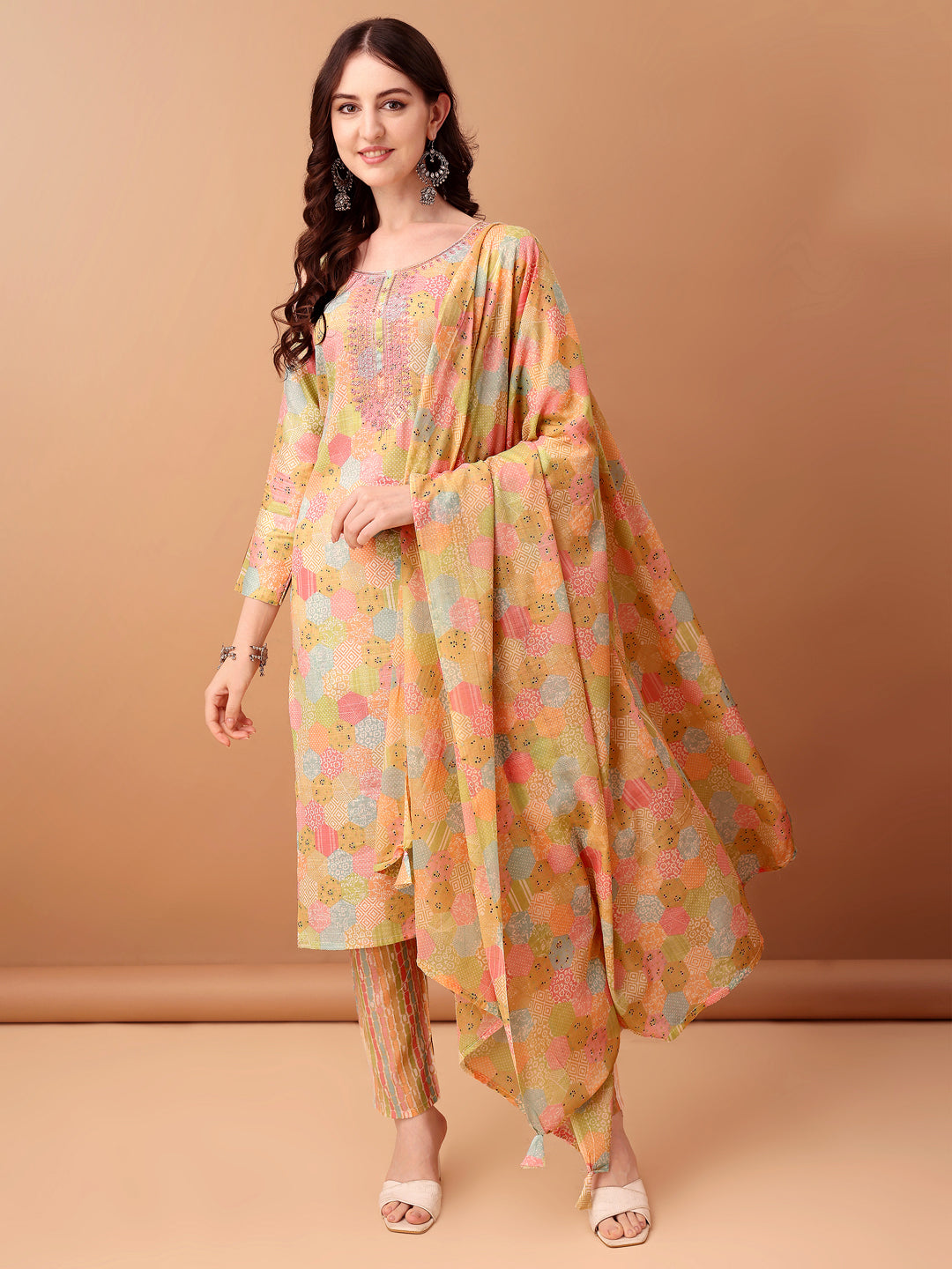Embroidered & Printed Kurta With Pant & Printed Dupatta, Multicolor - Hiral Fashion