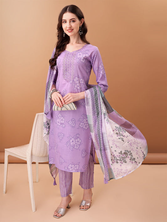 Embroidered & Printed Kurta With Pant & Printed Dupatta, Purple - Hiral Fashion