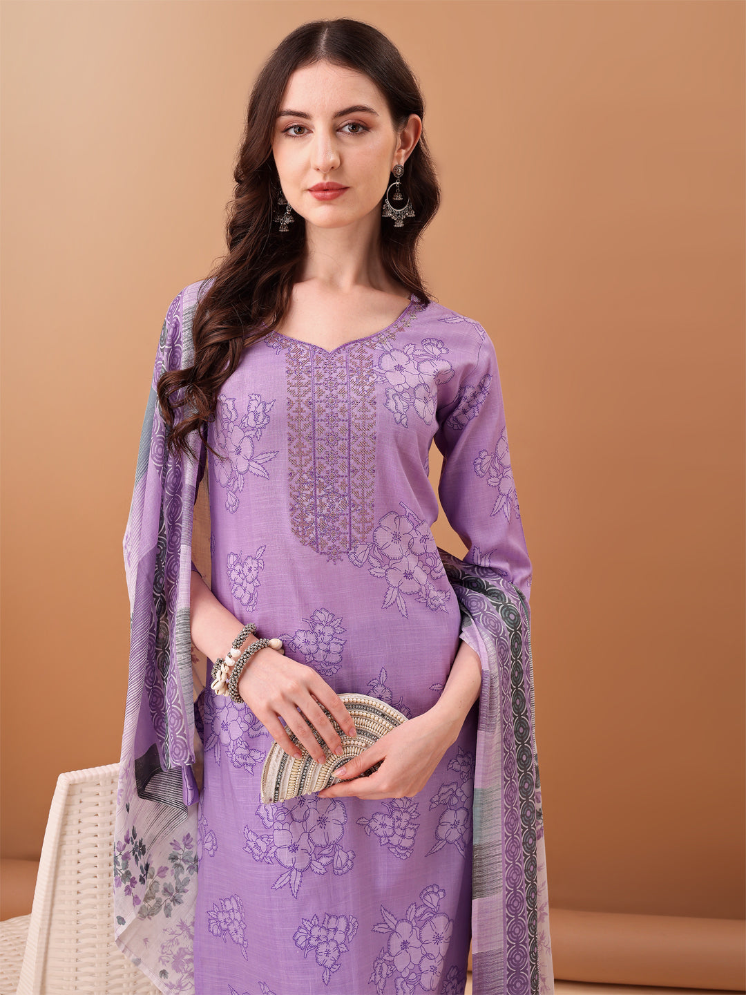 Embroidered & Printed Kurta With Pant & Printed Dupatta, Purple - Hiral Fashion