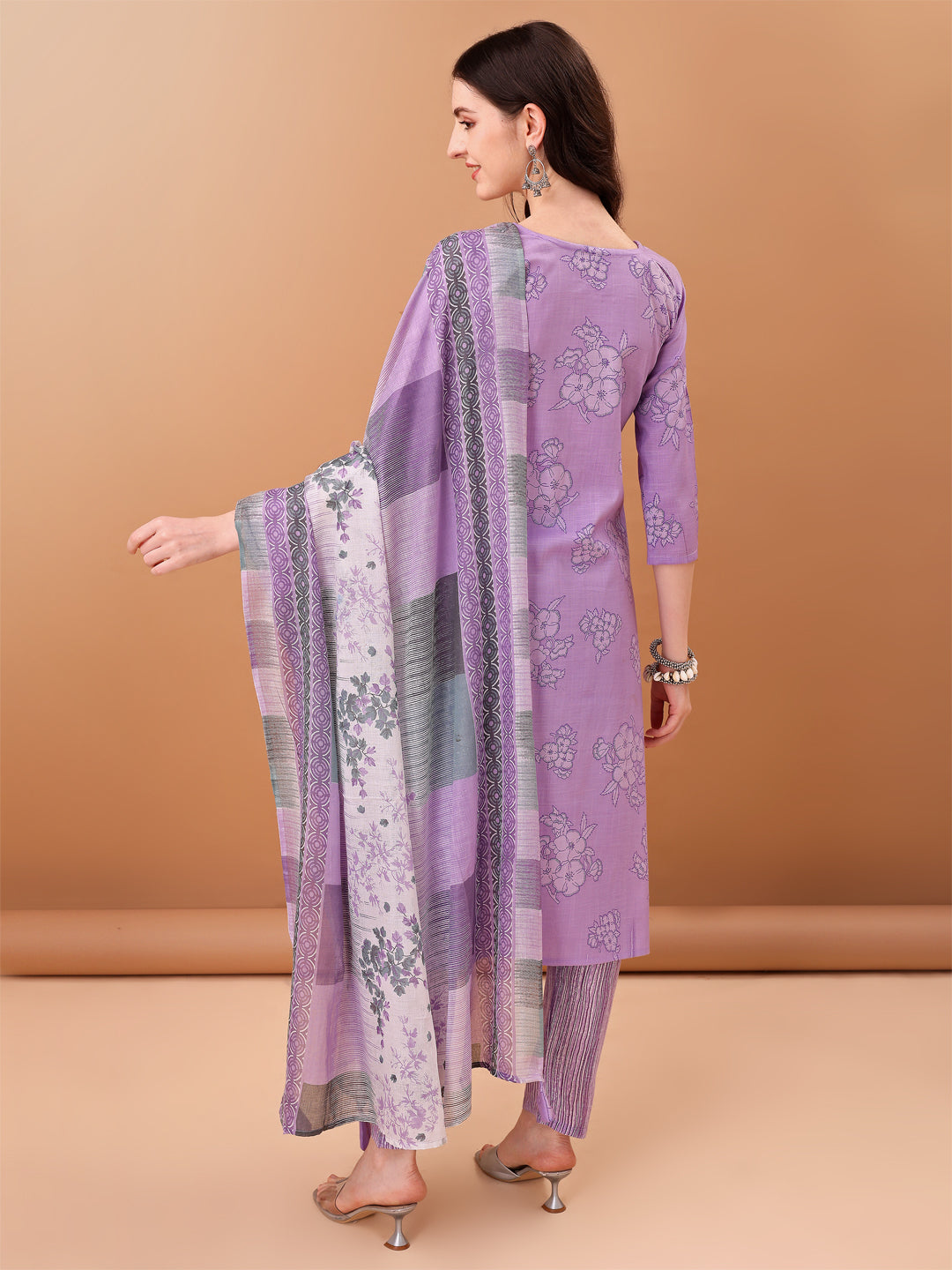 Embroidered & Printed Kurta With Pant & Printed Dupatta, Purple - Hiral Fashion