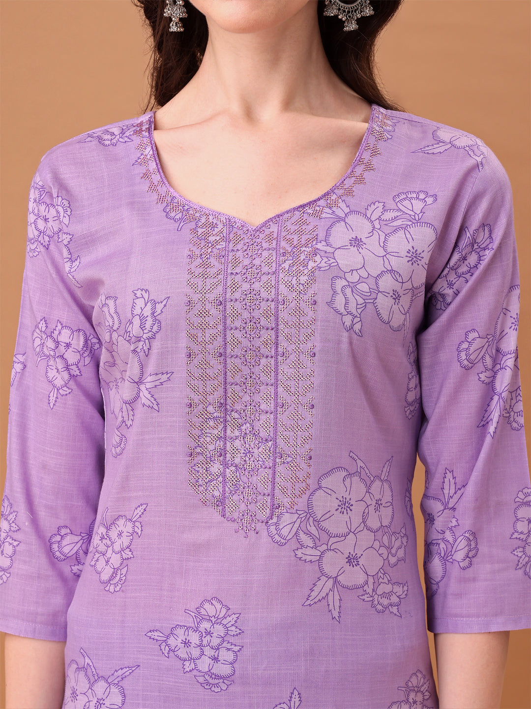 Embroidered & Printed Kurta With Pant & Printed Dupatta, Purple - Hiral Fashion