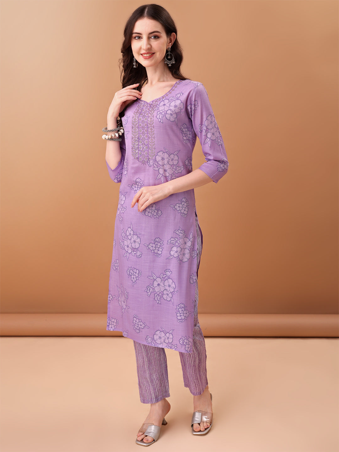 Embroidered & Printed Kurta With Pant & Printed Dupatta, Purple - Hiral Fashion