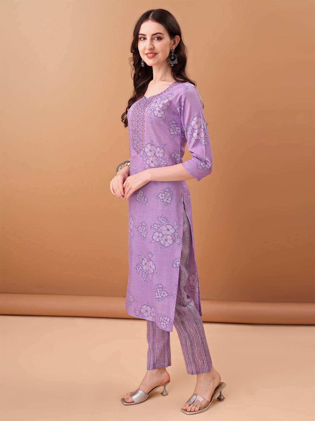Embroidered & Printed Kurta With Pant & Printed Dupatta, Purple - Hiral Fashion