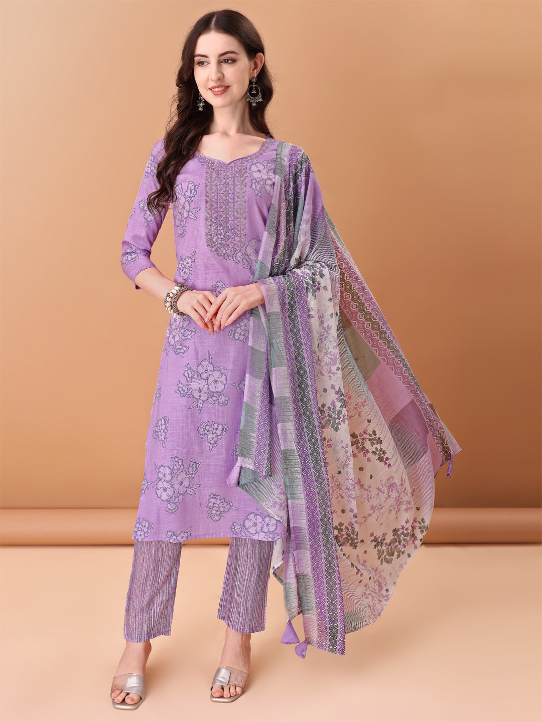 Embroidered & Printed Kurta With Pant & Printed Dupatta, Purple - Hiral Fashion