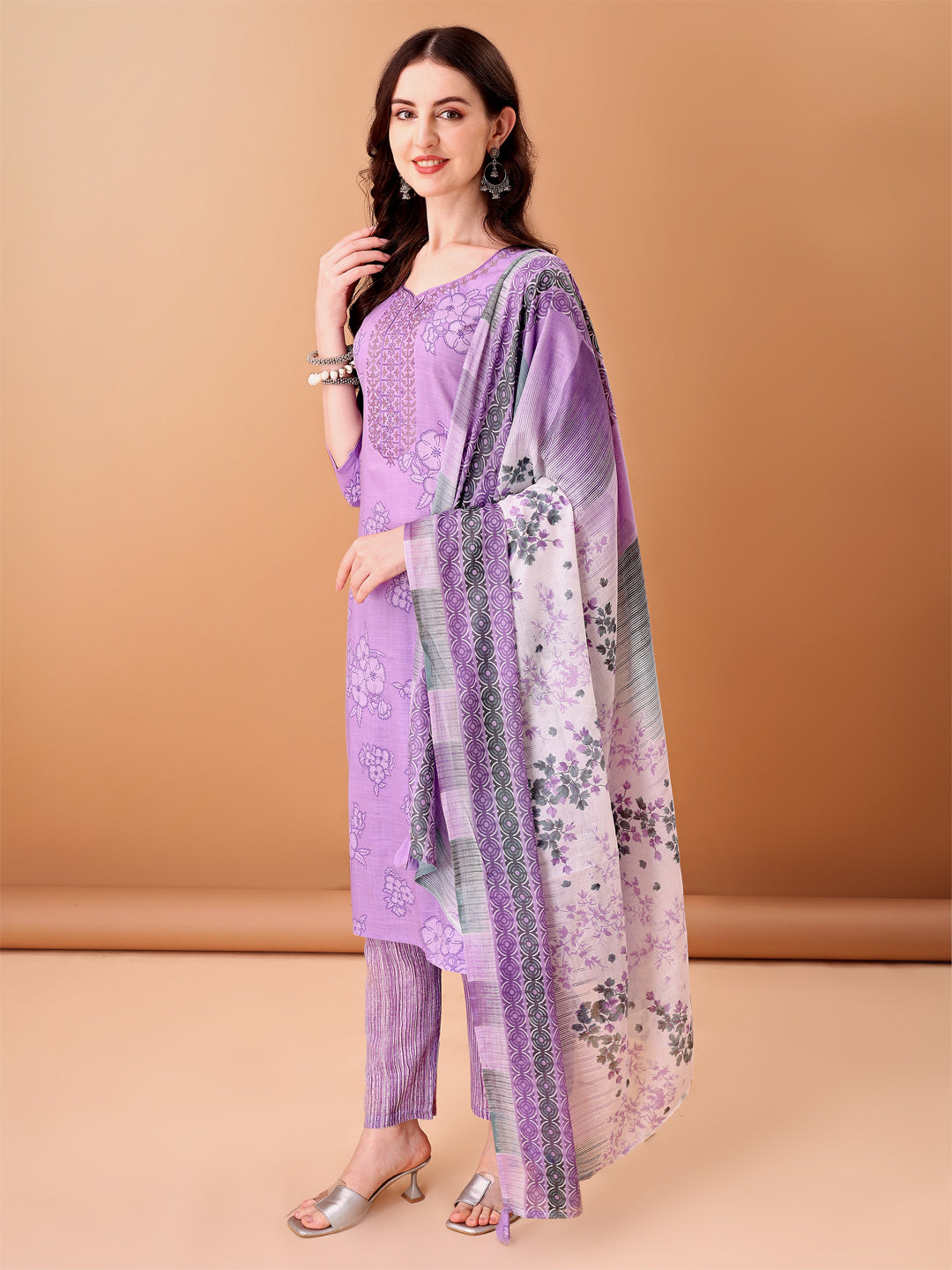 Embroidered & Printed Kurta With Pant & Printed Dupatta, Purple - Hiral Fashion