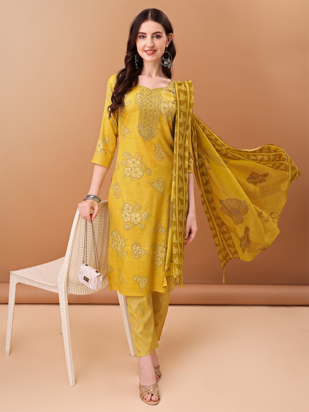 Embroidered & Printed Kurta With Pant & Printed Dupatta, Yellow - Hiral Fashion
