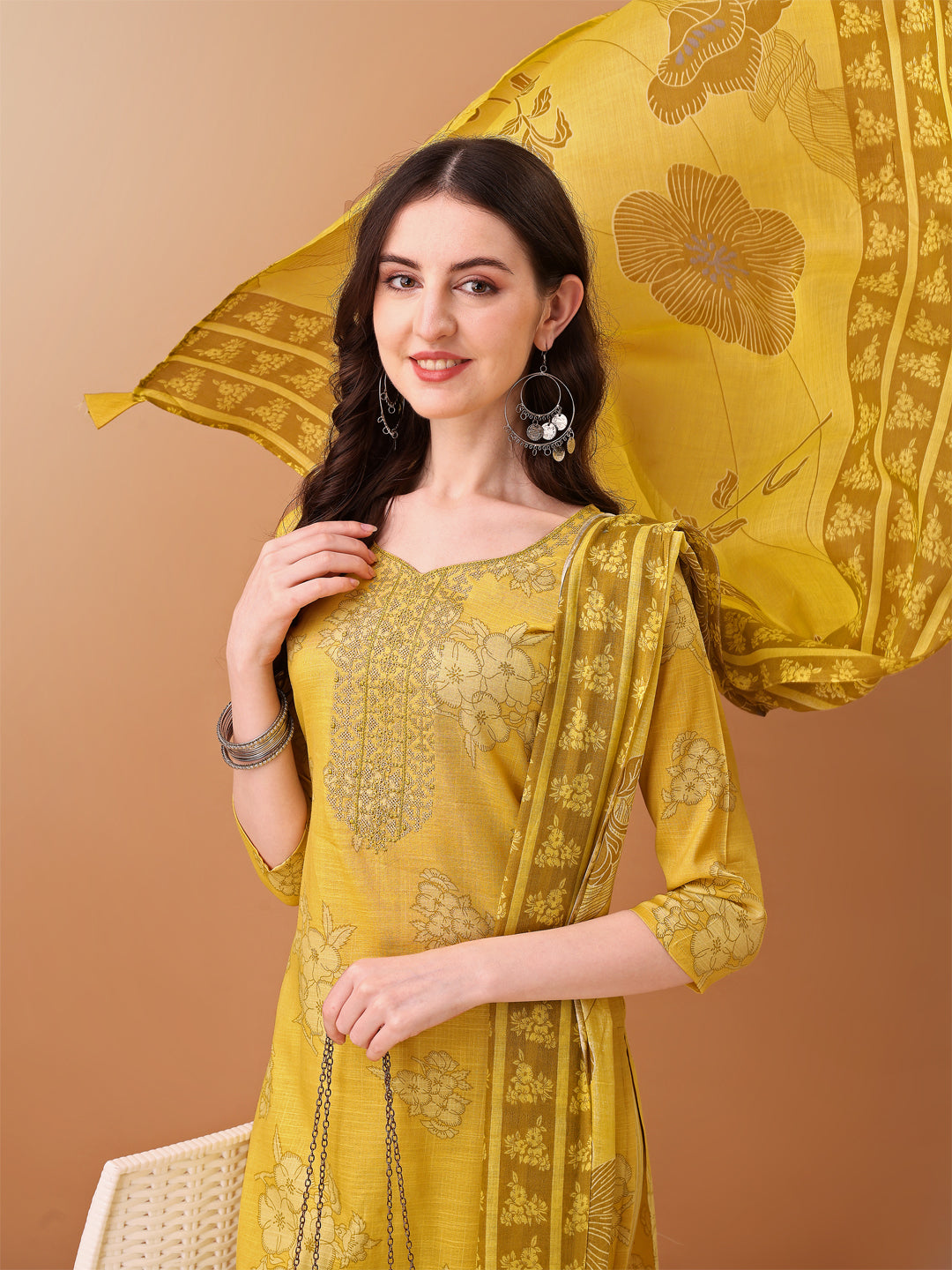 Embroidered & Printed Kurta With Pant & Printed Dupatta, Yellow - Hiral Fashion
