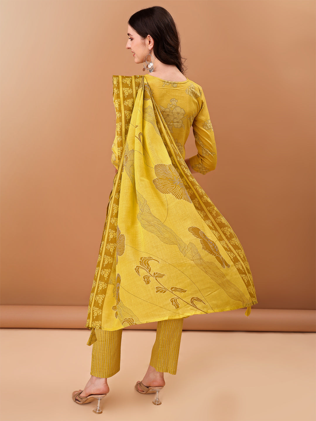 Embroidered & Printed Kurta With Pant & Printed Dupatta, Yellow - Hiral Fashion