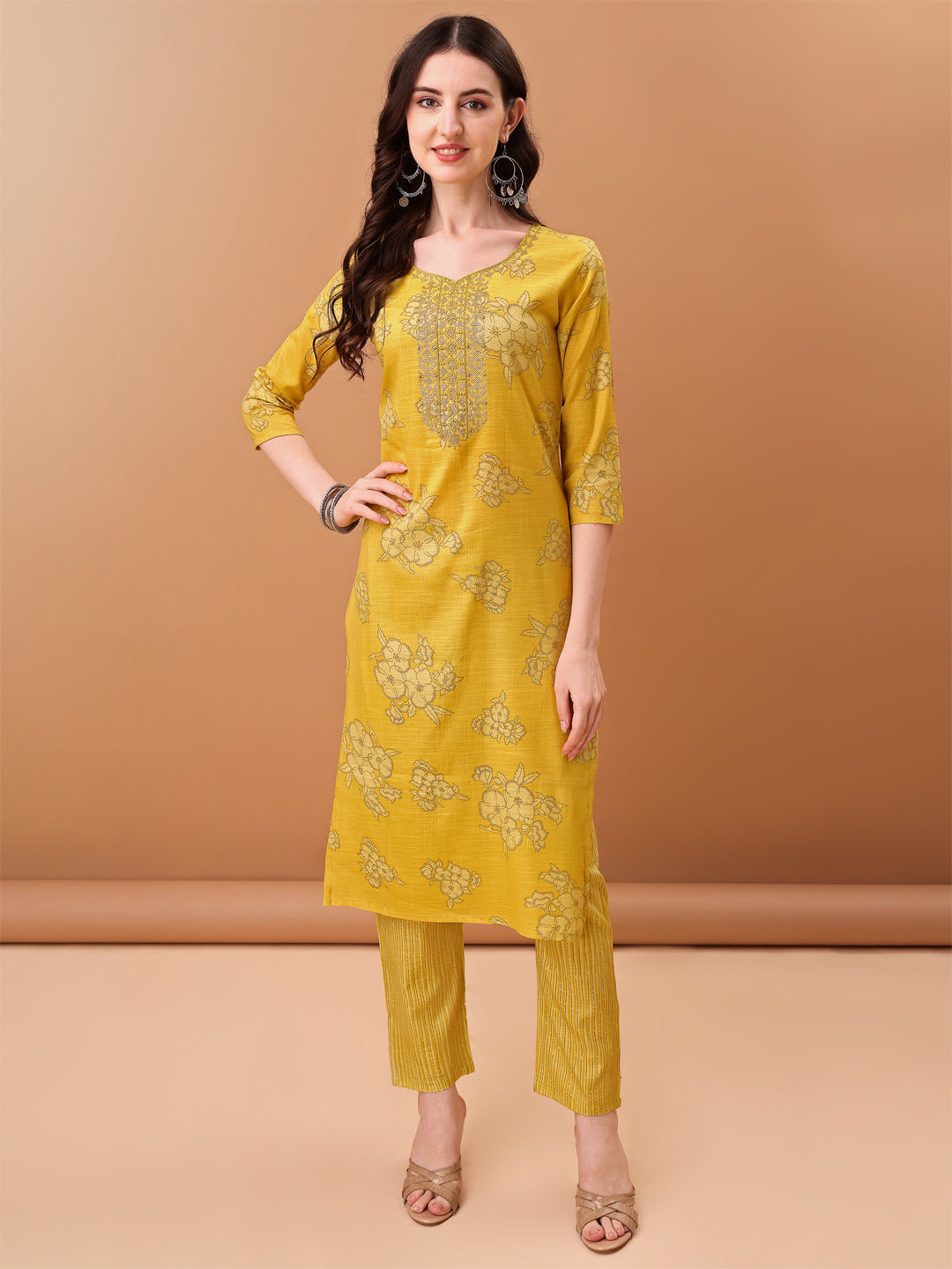 Embroidered & Printed Kurta With Pant & Printed Dupatta, Yellow - Hiral Fashion