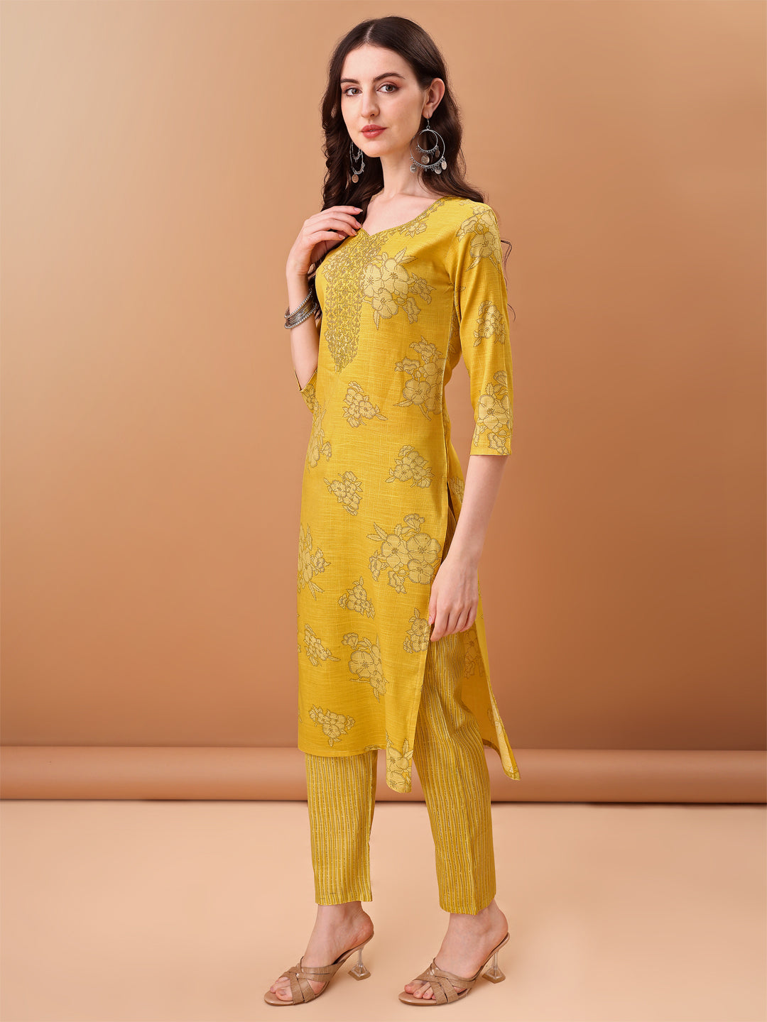 Embroidered & Printed Kurta With Pant & Printed Dupatta, Yellow - Hiral Fashion