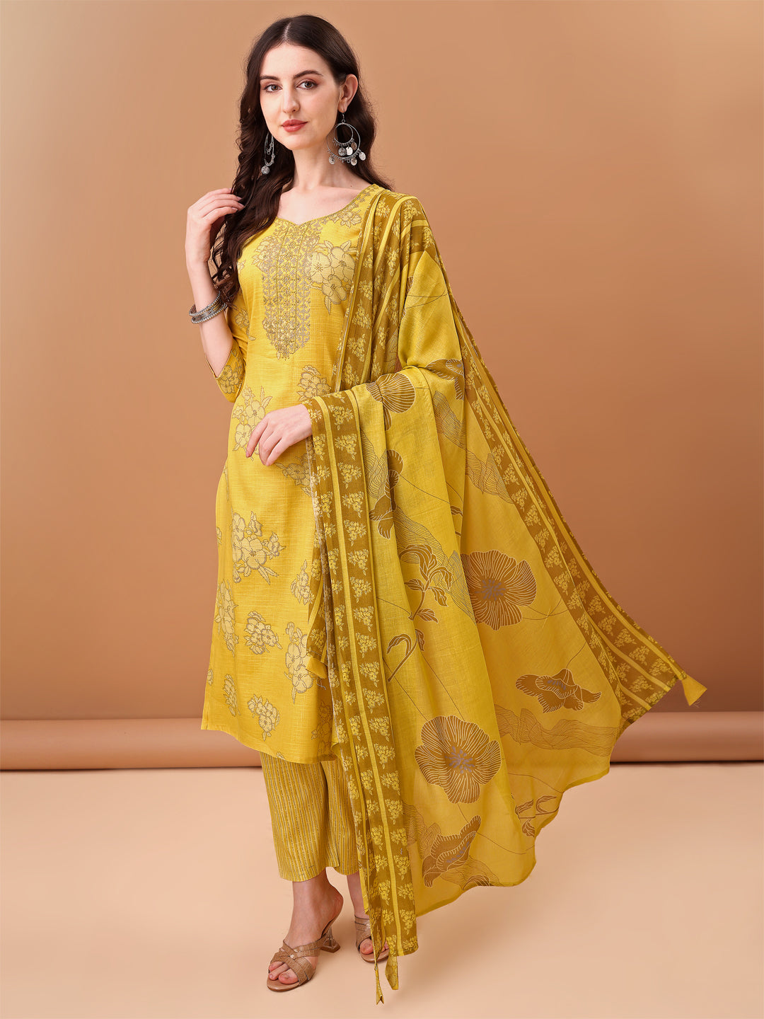 Embroidered & Printed Kurta With Pant & Printed Dupatta, Yellow - Hiral Fashion