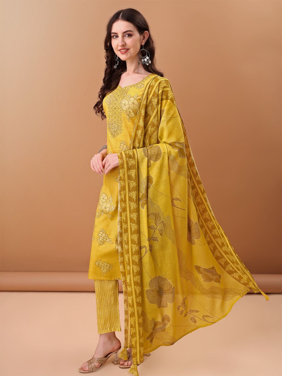 Embroidered & Printed Kurta With Pant & Printed Dupatta, Yellow - Hiral Fashion