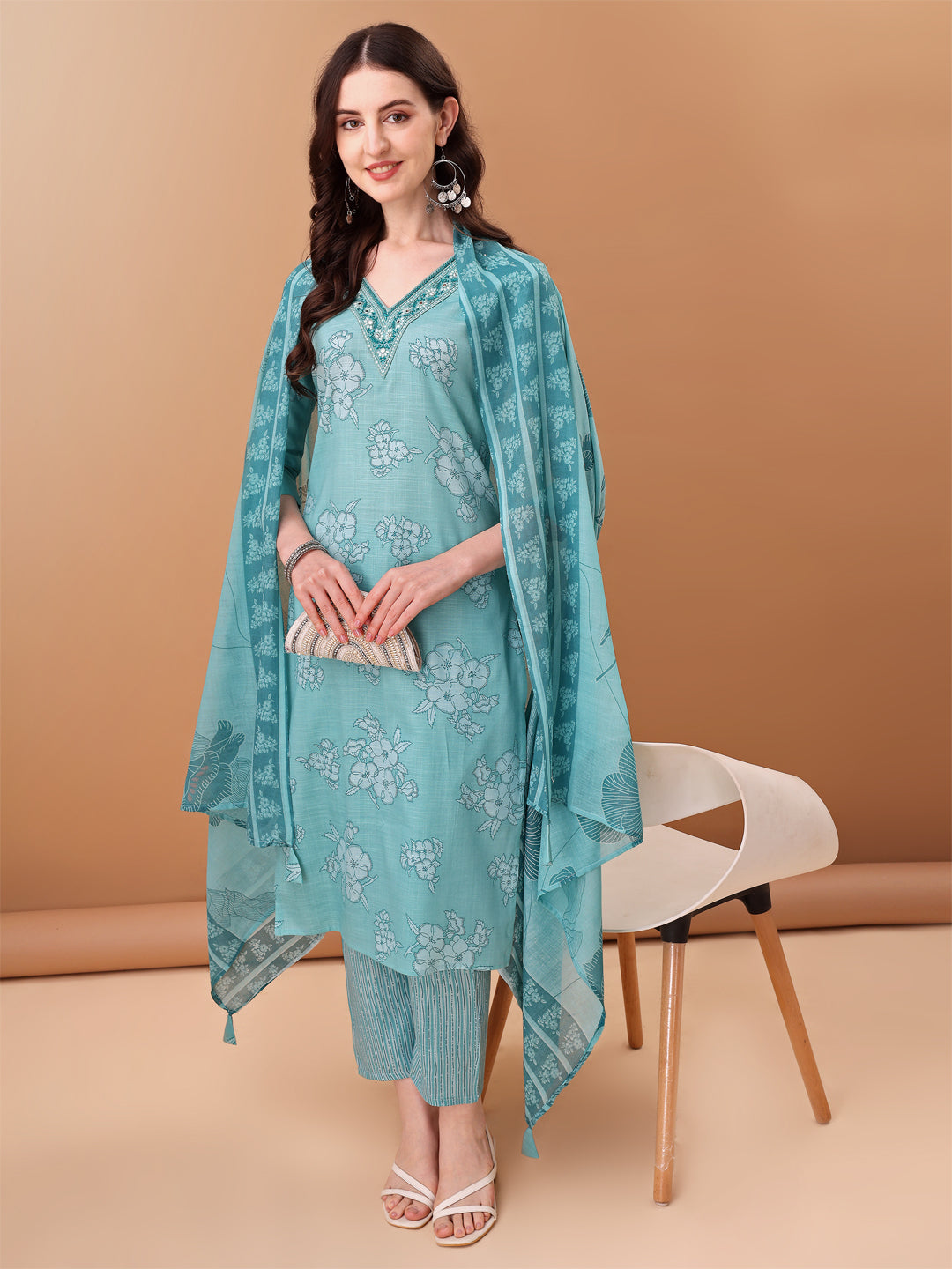 Embroidered & Floral Printed Kurta With Pant & Printed Dupatta, Blue - Hiral Fashion