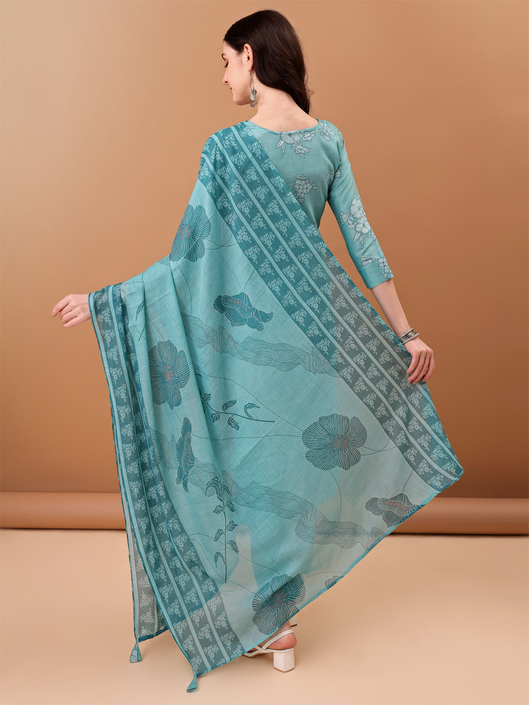 Embroidered & Floral Printed Kurta With Pant & Printed Dupatta, Blue - Hiral Fashion