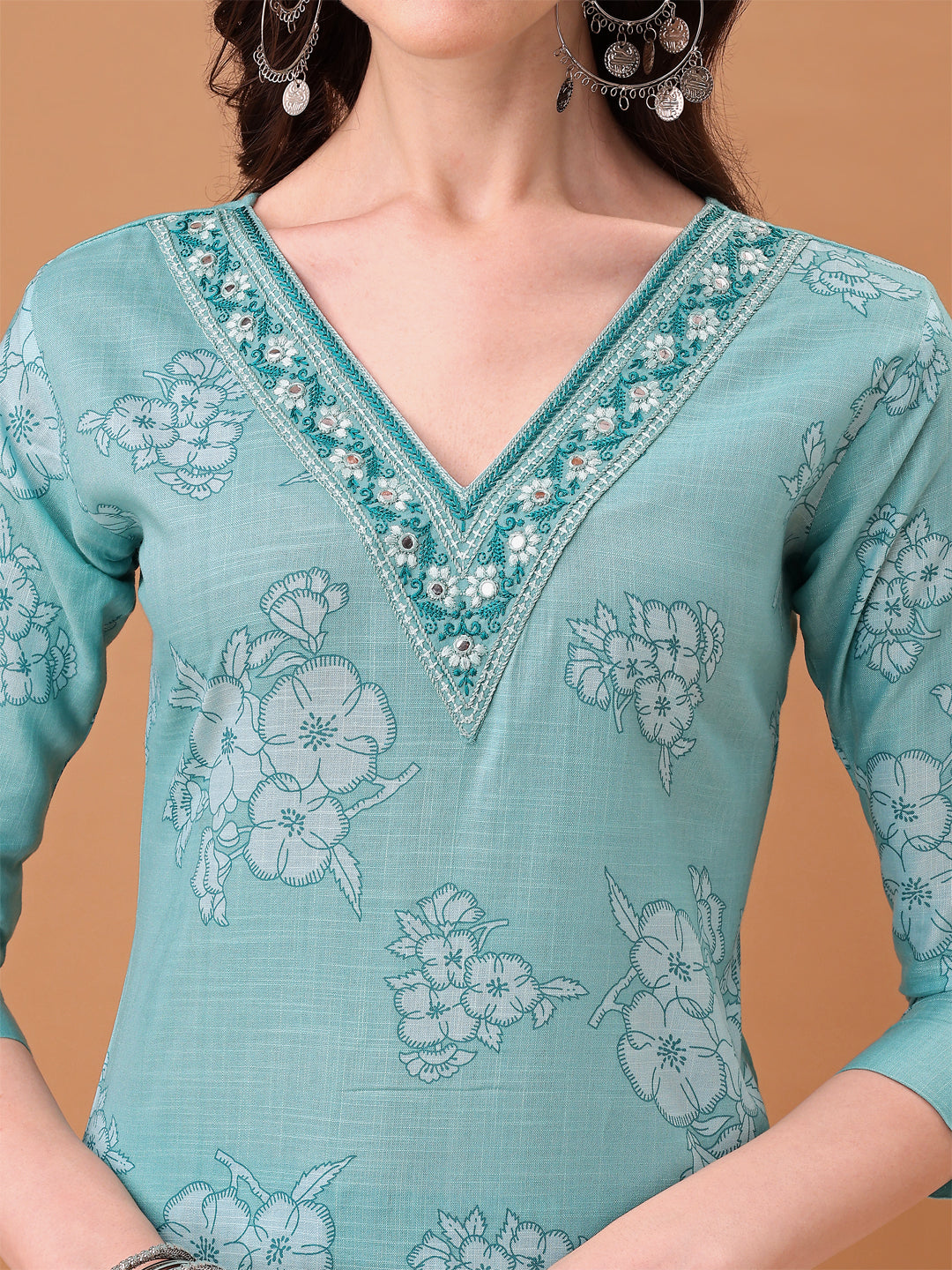 Embroidered & Floral Printed Kurta With Pant & Printed Dupatta, Blue - Hiral Fashion