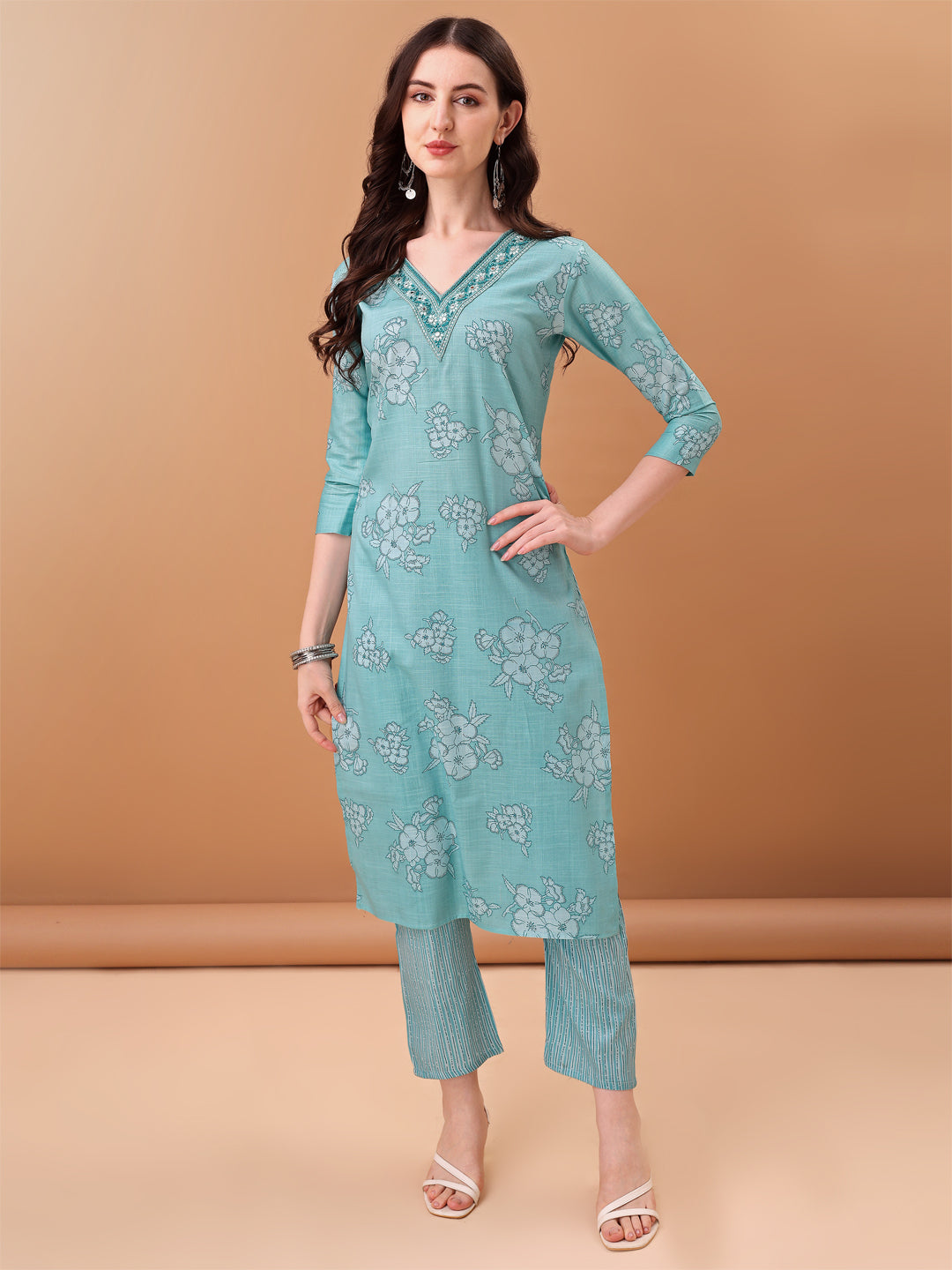 Embroidered & Floral Printed Kurta With Pant & Printed Dupatta, Blue - Hiral Fashion