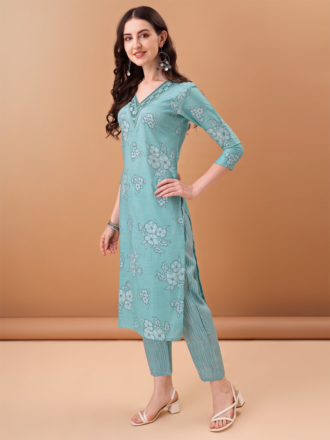Embroidered & Floral Printed Kurta With Pant & Printed Dupatta, Blue - Hiral Fashion