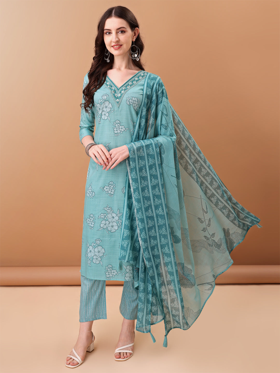 Embroidered & Floral Printed Kurta With Pant & Printed Dupatta, Blue - Hiral Fashion