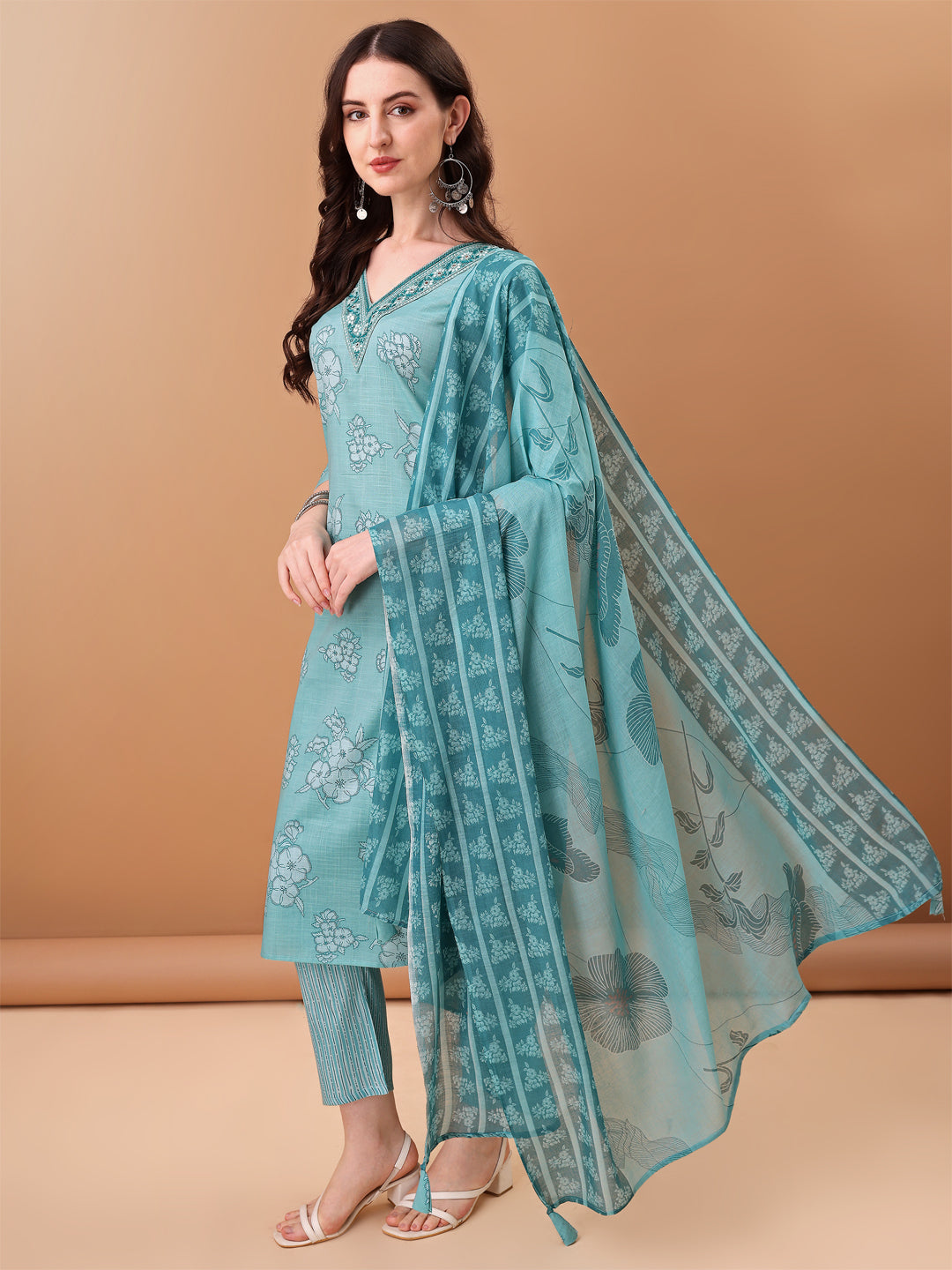 Embroidered & Floral Printed Kurta With Pant & Printed Dupatta, Blue - Hiral Fashion