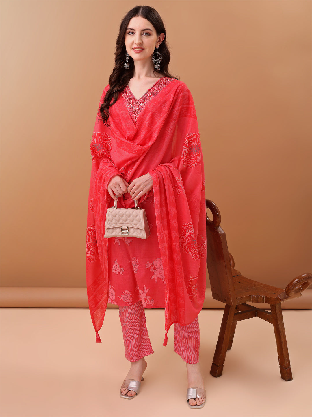 Embroidered & Floral Printed Kurta With Pant & Printed Dupatta, Pink - Hiral Fashion