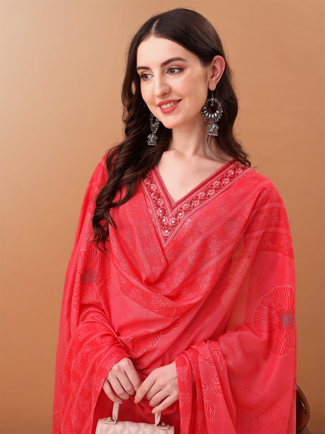 Embroidered & Floral Printed Kurta With Pant & Printed Dupatta, Pink - Hiral Fashion