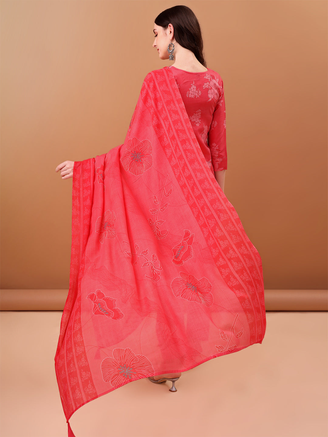 Embroidered & Floral Printed Kurta With Pant & Printed Dupatta, Pink - Hiral Fashion