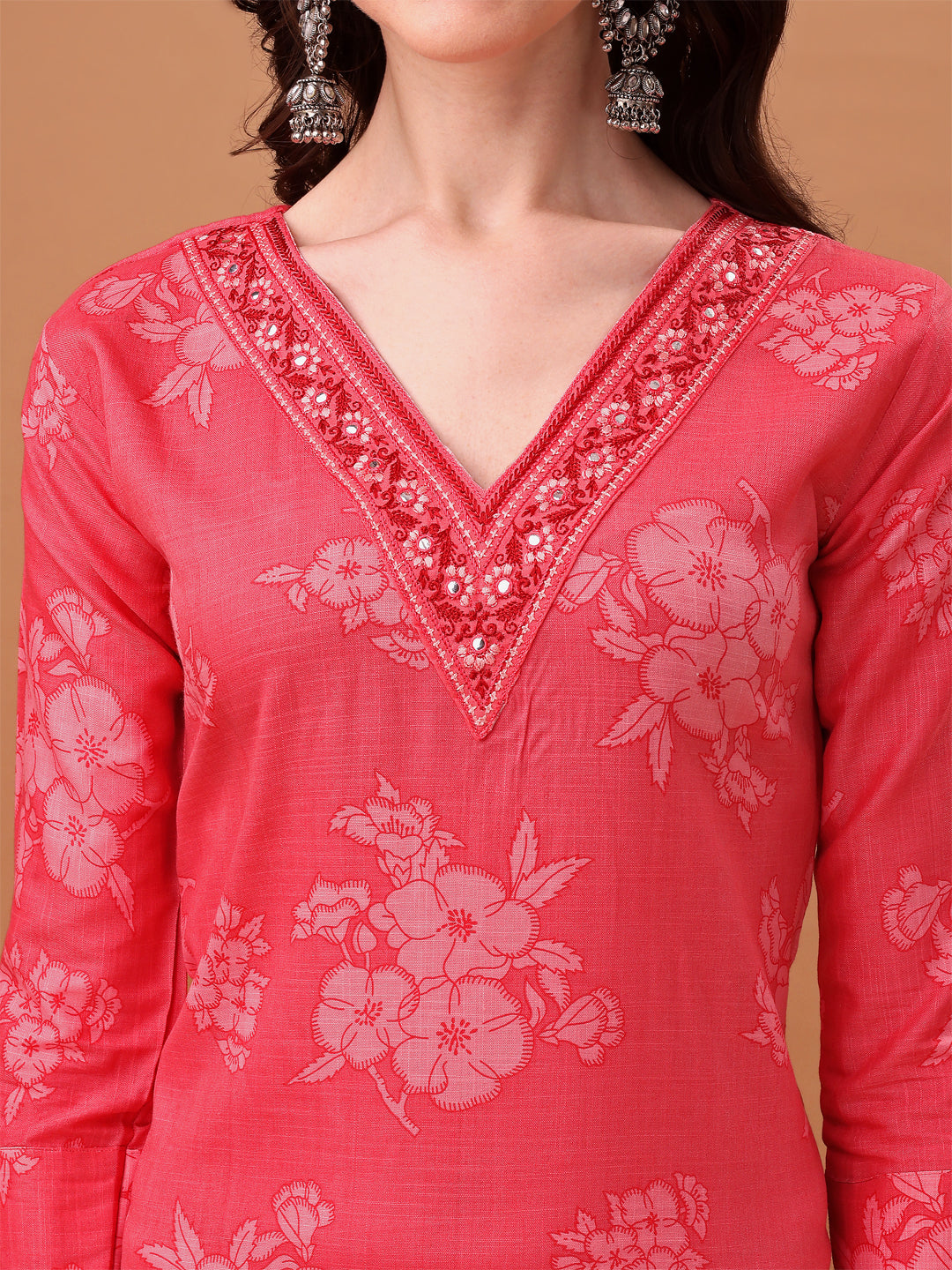 Embroidered & Floral Printed Kurta With Pant & Printed Dupatta, Pink - Hiral Fashion