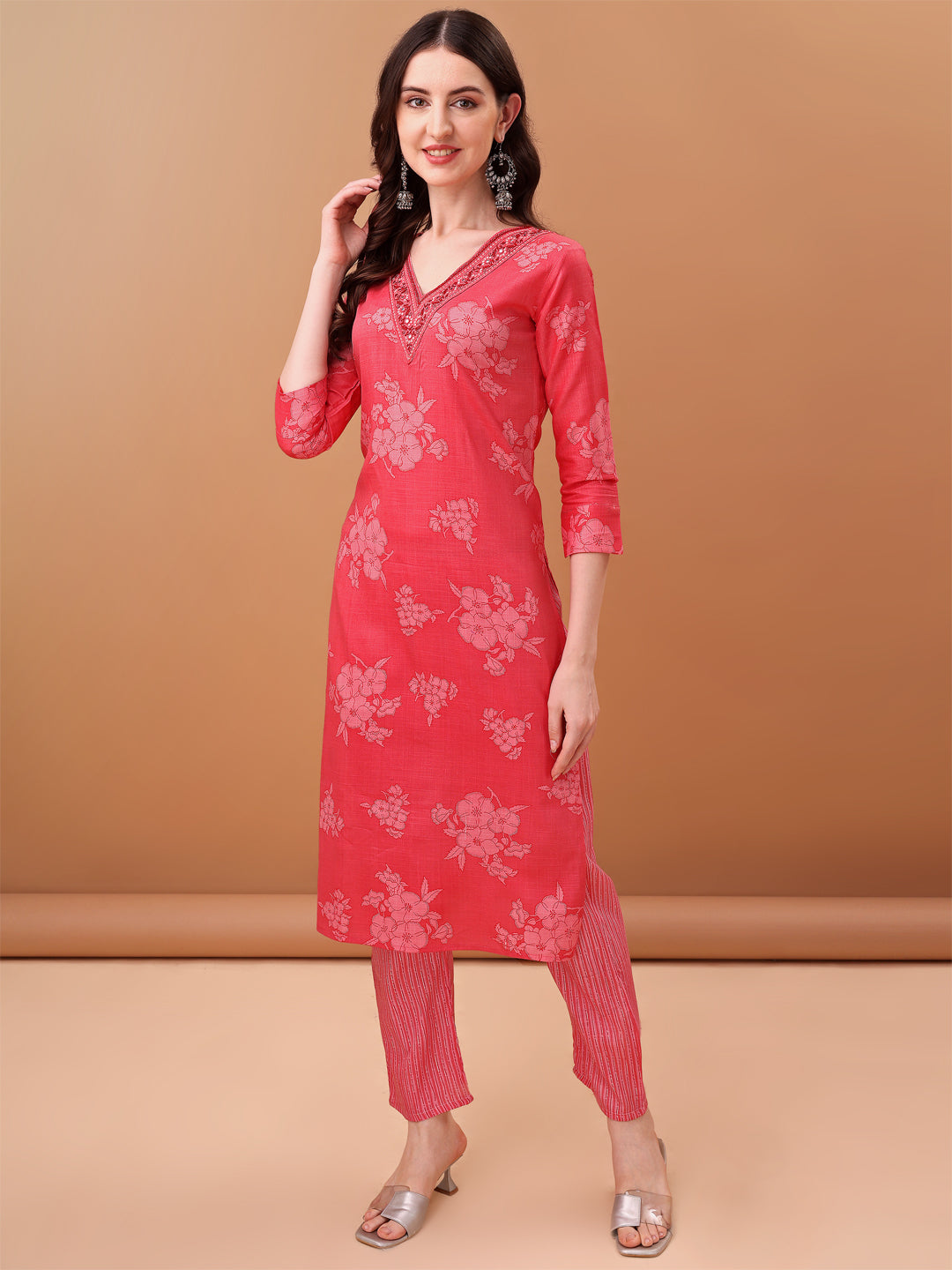 Embroidered & Floral Printed Kurta With Pant & Printed Dupatta, Pink - Hiral Fashion