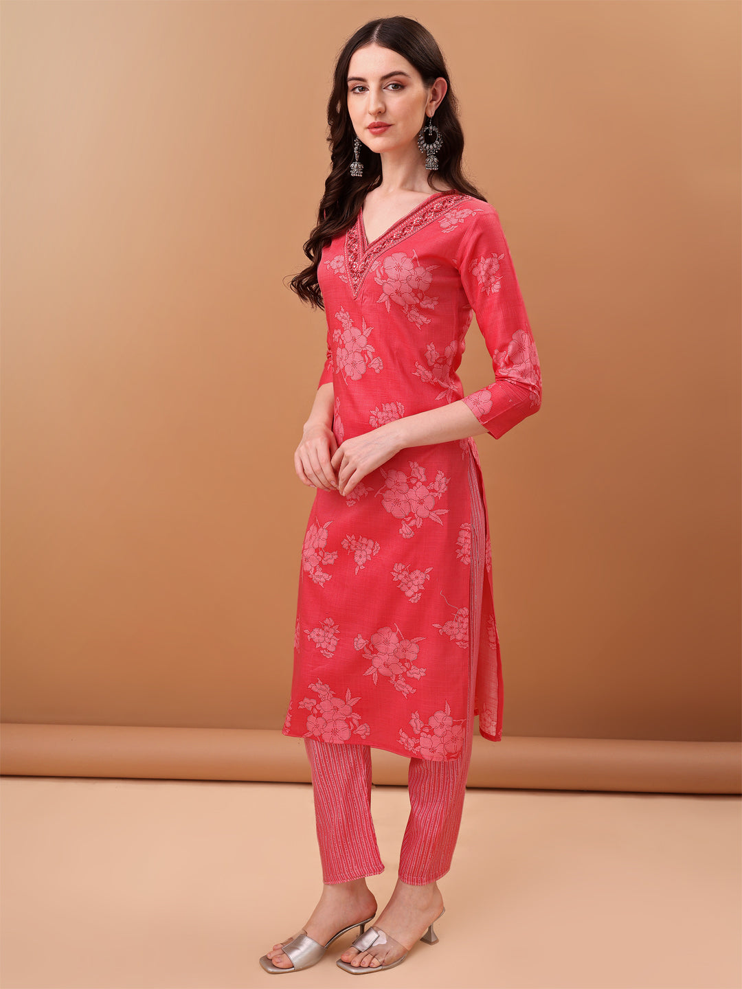 Embroidered & Floral Printed Kurta With Pant & Printed Dupatta, Pink - Hiral Fashion