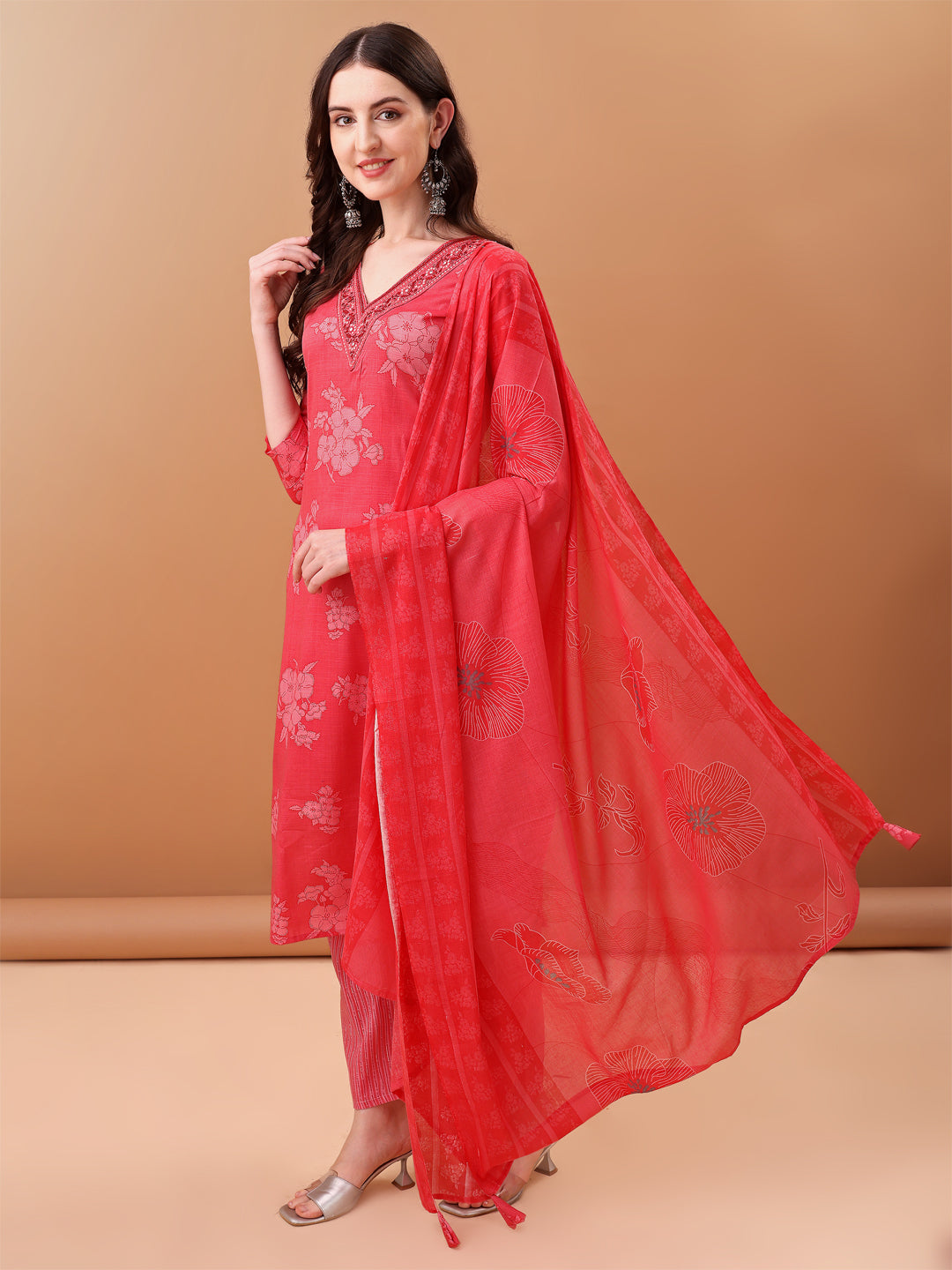 Embroidered & Floral Printed Kurta With Pant & Printed Dupatta, Pink - Hiral Fashion