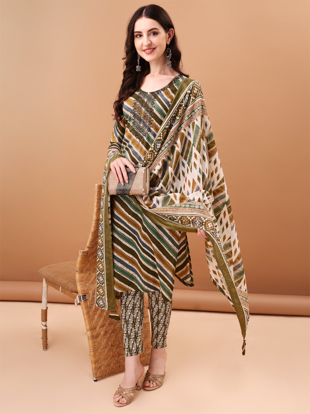 Embroidered & Leheriya Printed Kurta With Pant & Printed Dupatta, Green - Hiral Fashion