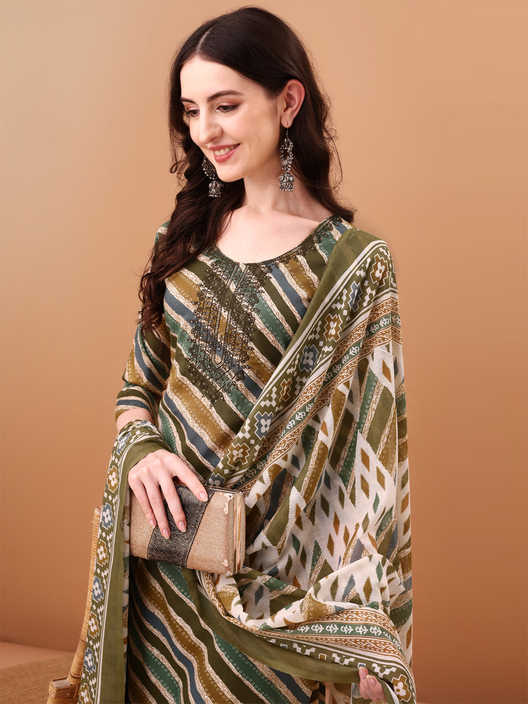 Embroidered & Leheriya Printed Kurta With Pant & Printed Dupatta, Green - Hiral Fashion