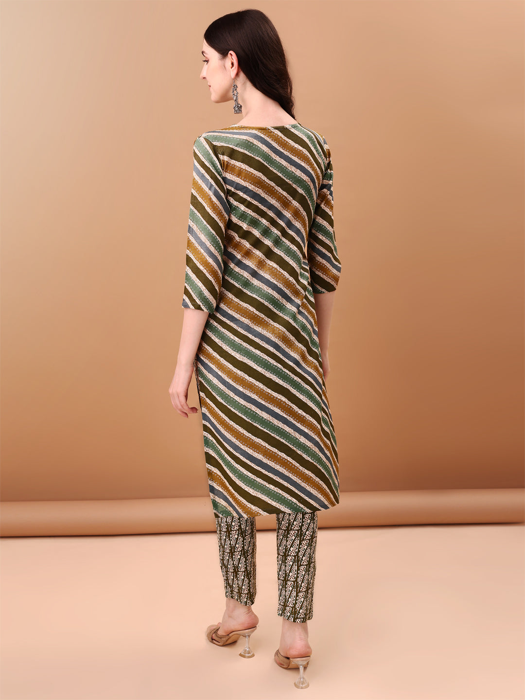 Embroidered & Leheriya Printed Kurta With Pant & Printed Dupatta, Green - Hiral Fashion