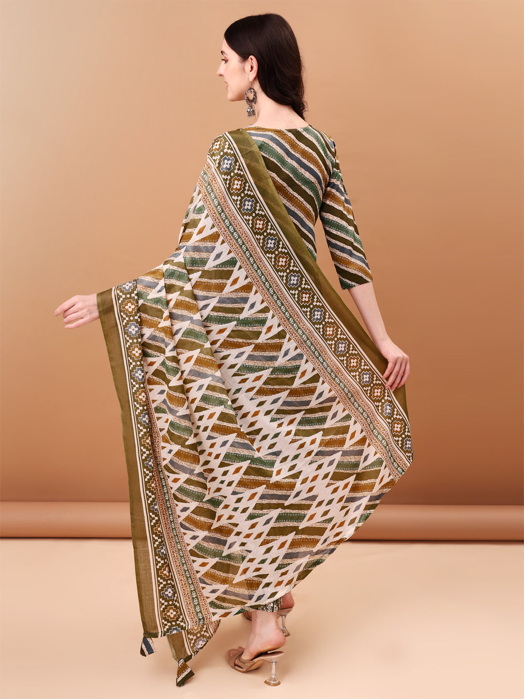 Embroidered & Leheriya Printed Kurta With Pant & Printed Dupatta, Green - Hiral Fashion