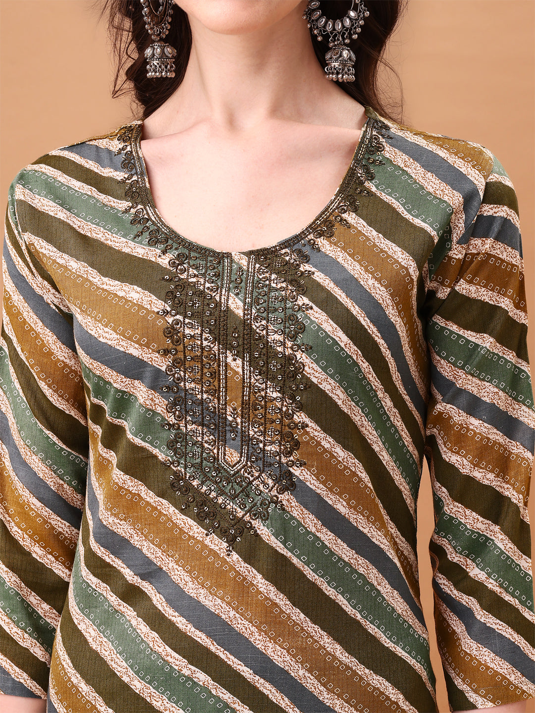 Embroidered & Leheriya Printed Kurta With Pant & Printed Dupatta, Green - Hiral Fashion