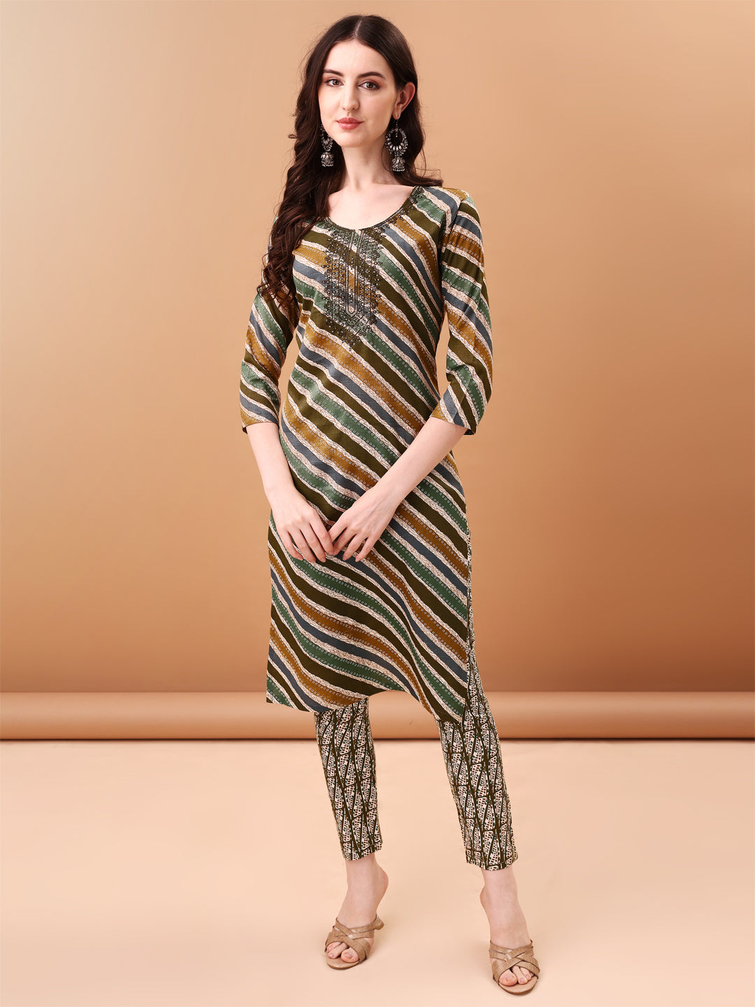 Embroidered & Leheriya Printed Kurta With Pant & Printed Dupatta, Green - Hiral Fashion