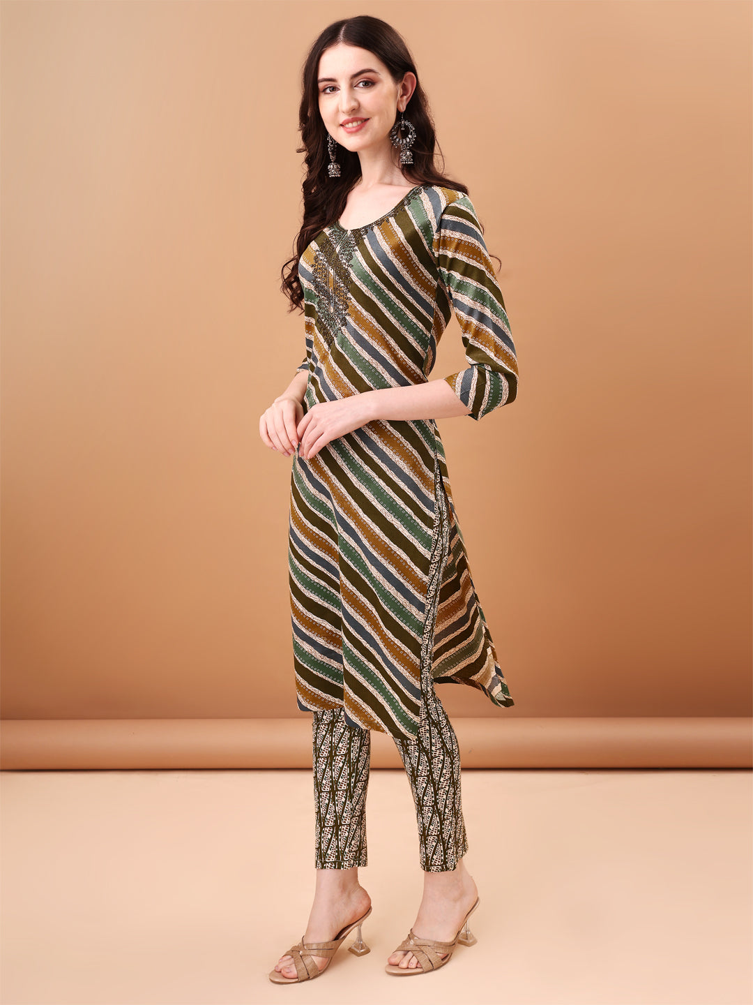 Embroidered & Leheriya Printed Kurta With Pant & Printed Dupatta, Green - Hiral Fashion