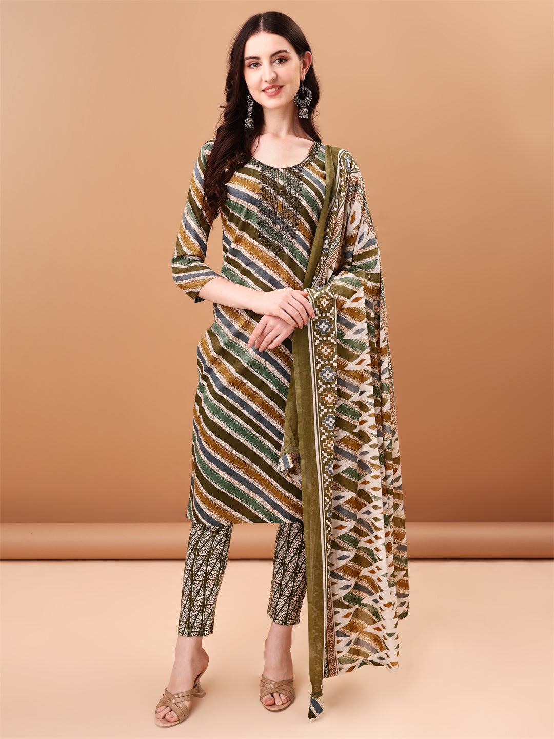 Embroidered & Leheriya Printed Kurta With Pant & Printed Dupatta, Green - Hiral Fashion