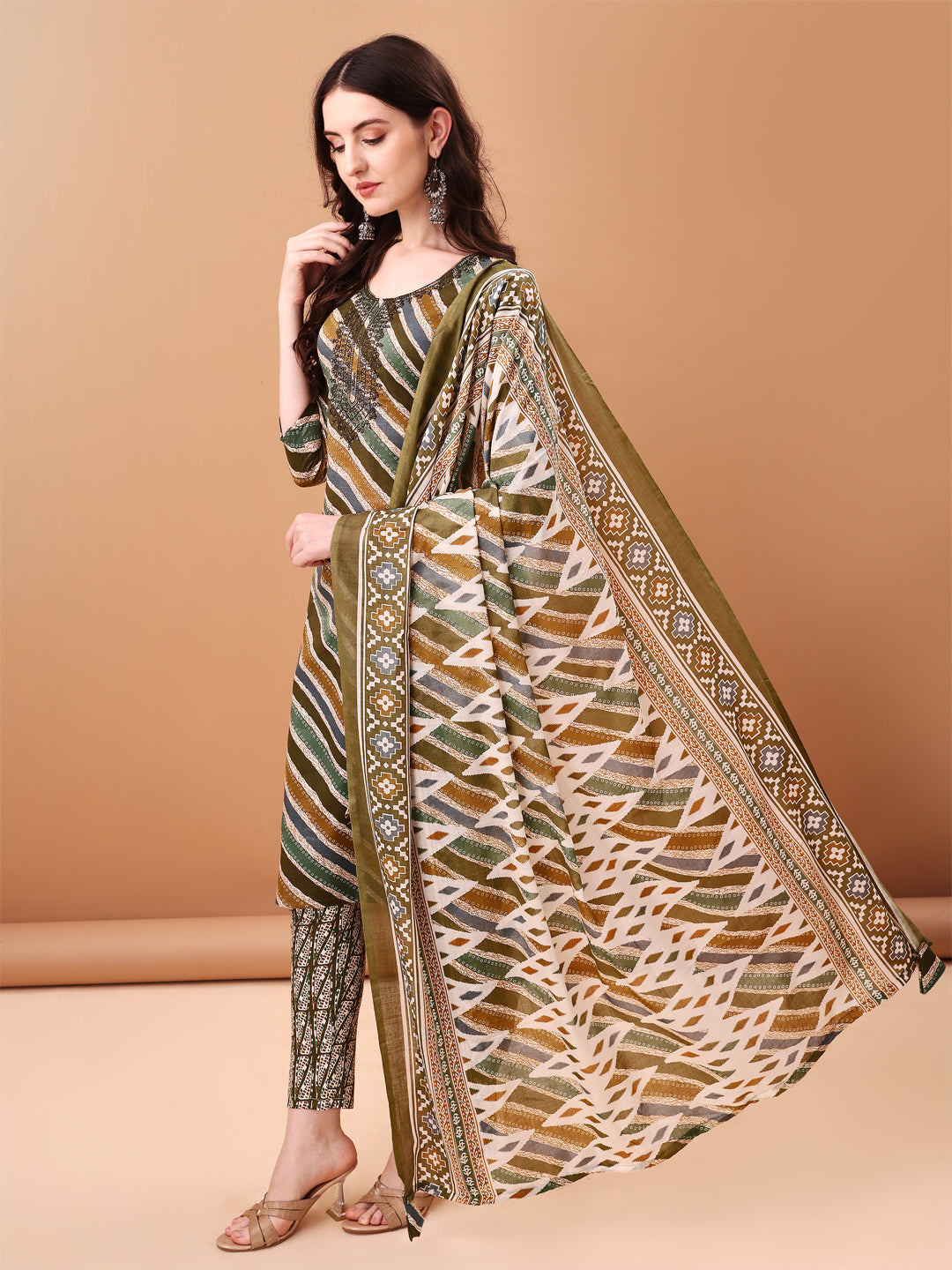 Embroidered & Leheriya Printed Kurta With Pant & Printed Dupatta, Green - Hiral Fashion