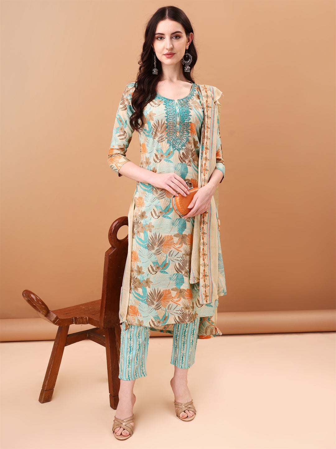 Embroidered & Botanical Printed Kurta With Pant & Printed Dupatta, Blue - Hiral Fashion