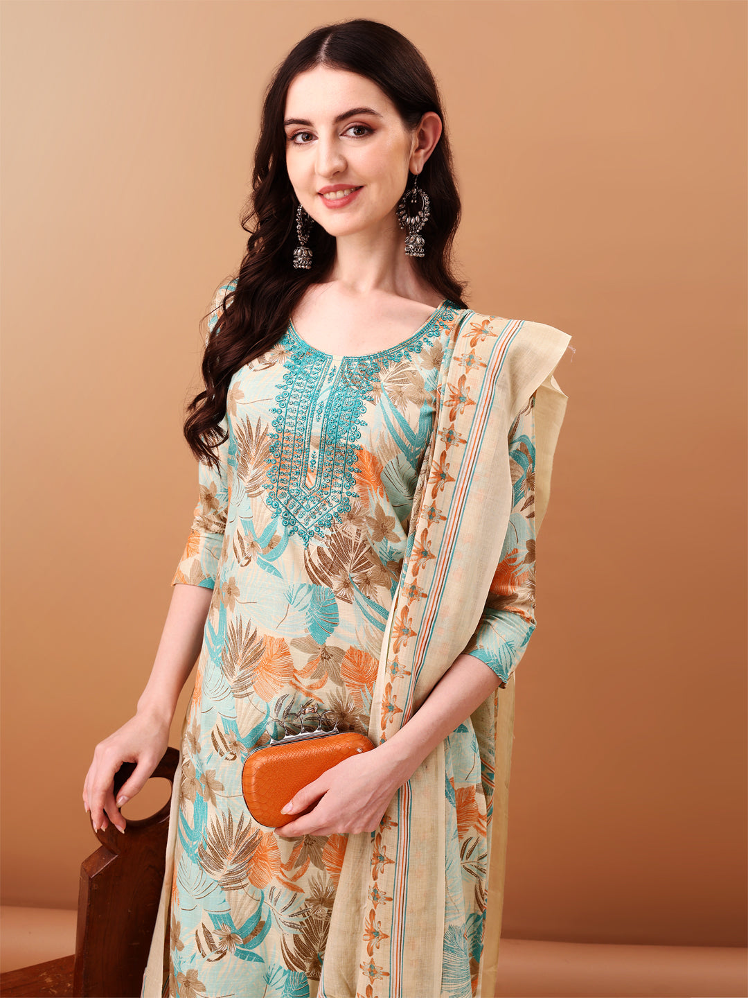 Embroidered & Botanical Printed Kurta With Pant & Printed Dupatta, Blue - Hiral Fashion