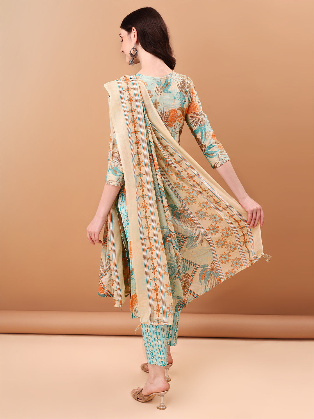 Embroidered & Botanical Printed Kurta With Pant & Printed Dupatta, Blue - Hiral Fashion
