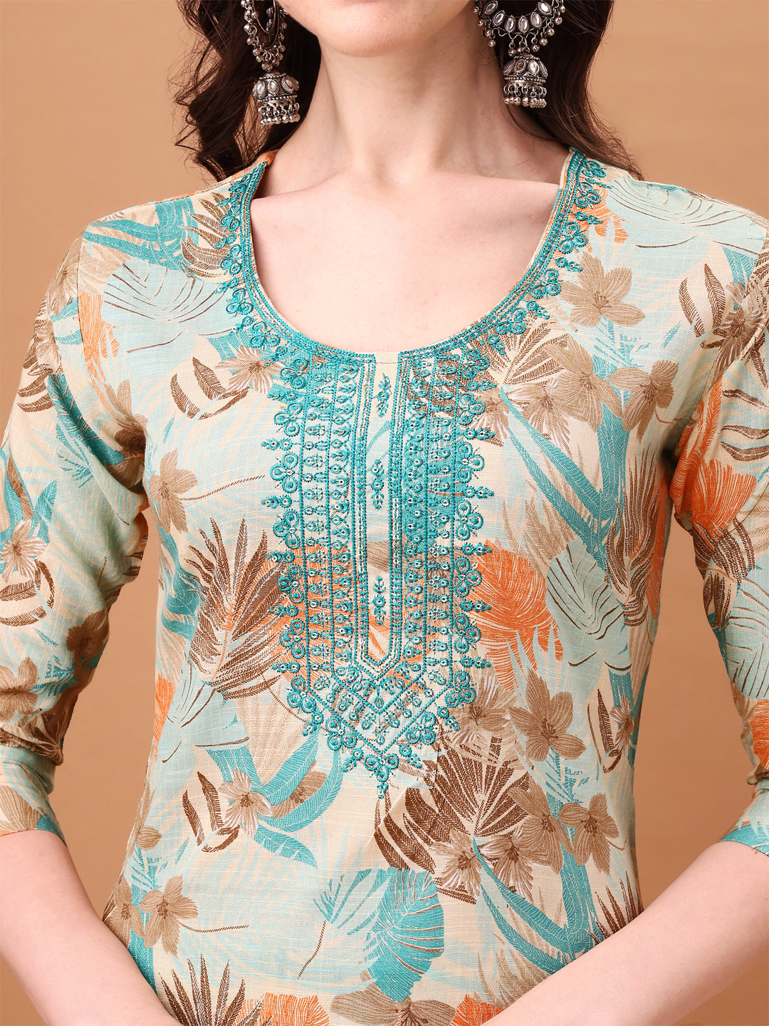 Embroidered & Botanical Printed Kurta With Pant & Printed Dupatta, Blue - Hiral Fashion